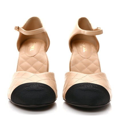 Chanel Lambskin Grosgrain Quilted CC Cap Toe Logo Ankle Strap Pumps 41 Black Beige 2 of 9