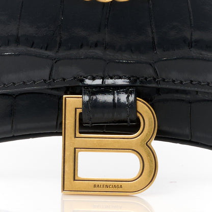 Balenciaga Shiny Calfskin Crocodile Embossed Hourglass Chain Bag Black 8 of 10