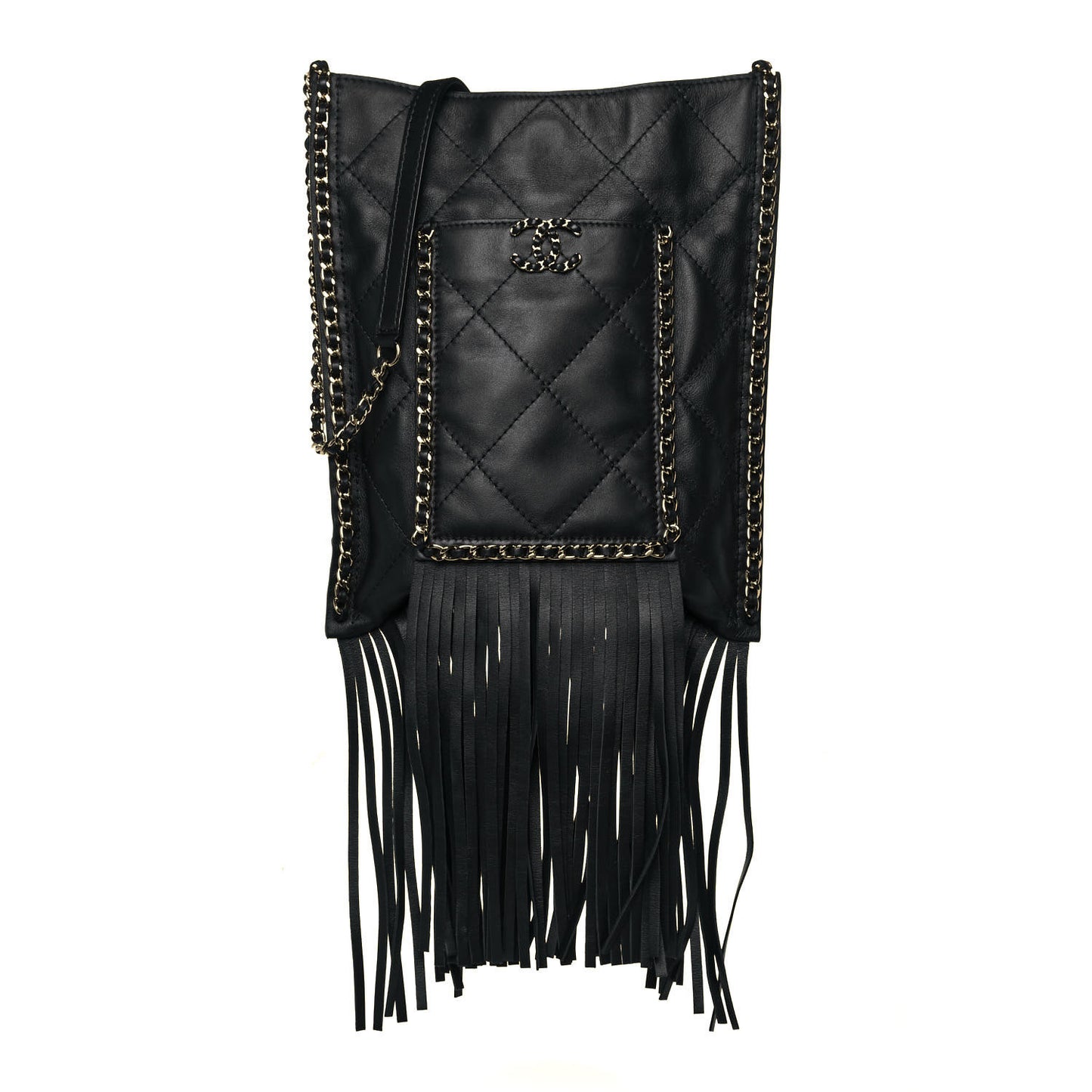 Calfskin Quilted Fringe Small Shopping Bag Black
