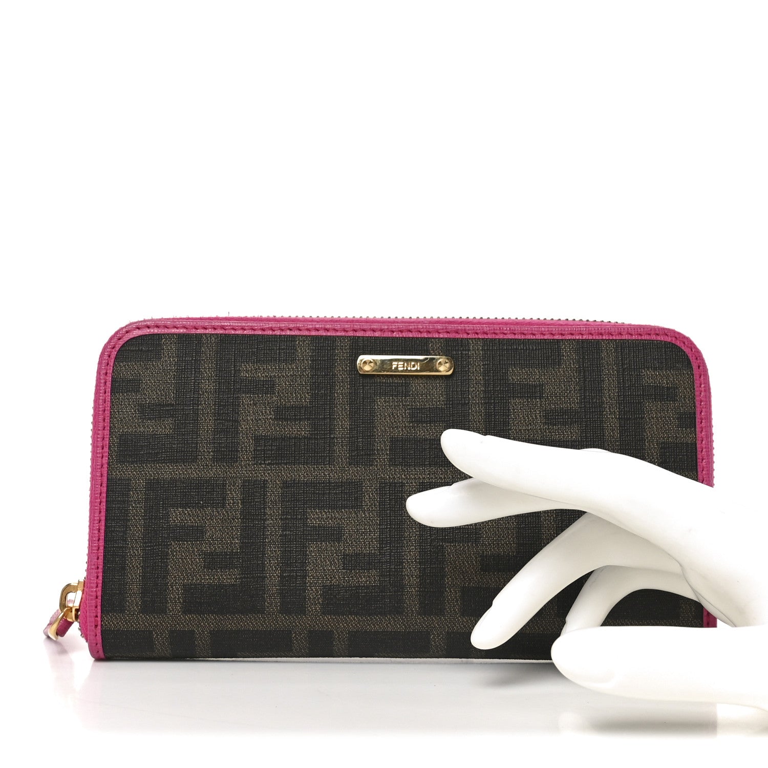 Fendi Zucca Spalmati Vitello Elite Zip Around Wallet Tobacco Ciclamino 2 of 7