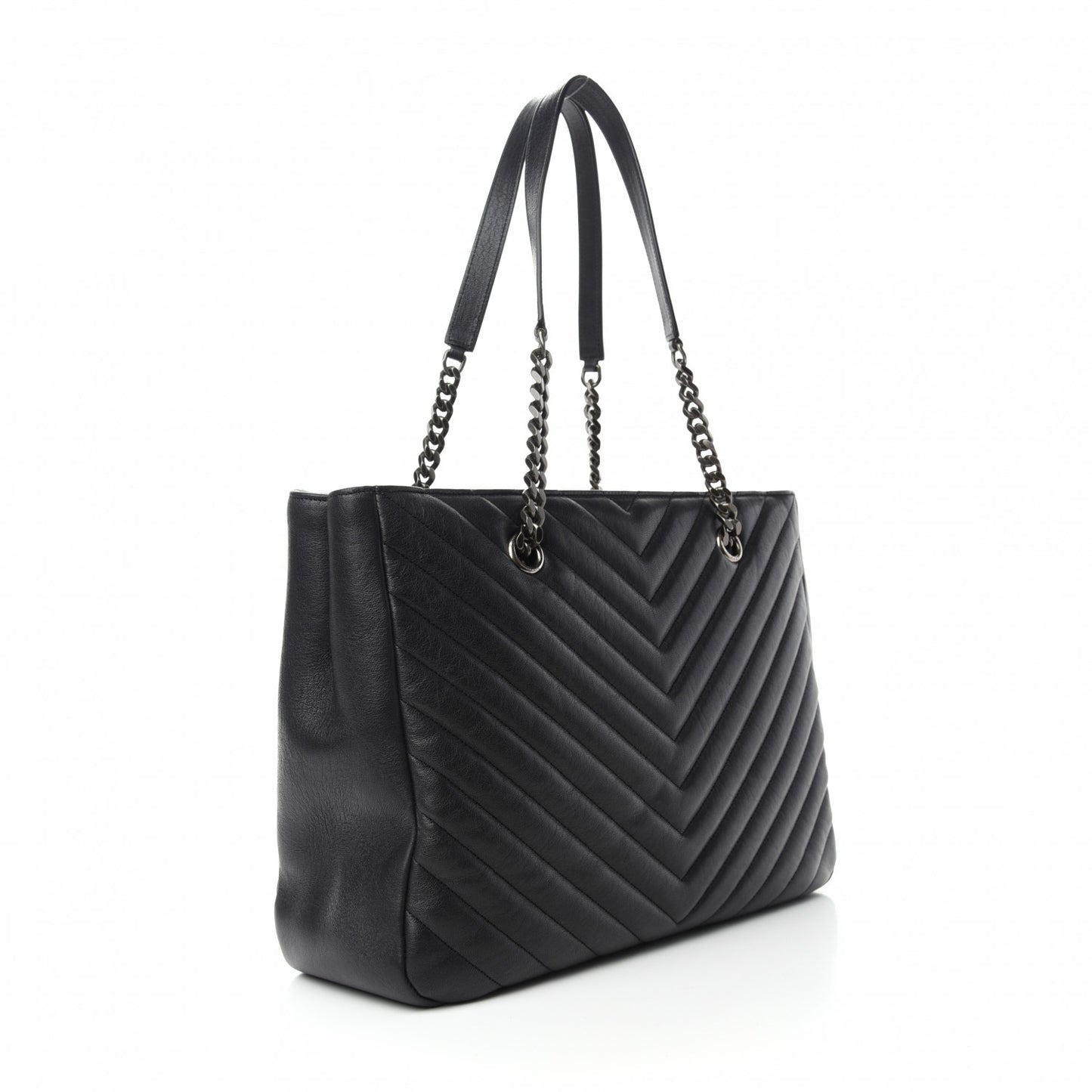 Sheepskin Matelasse Chevron Large Monogram Shopping Bag Black