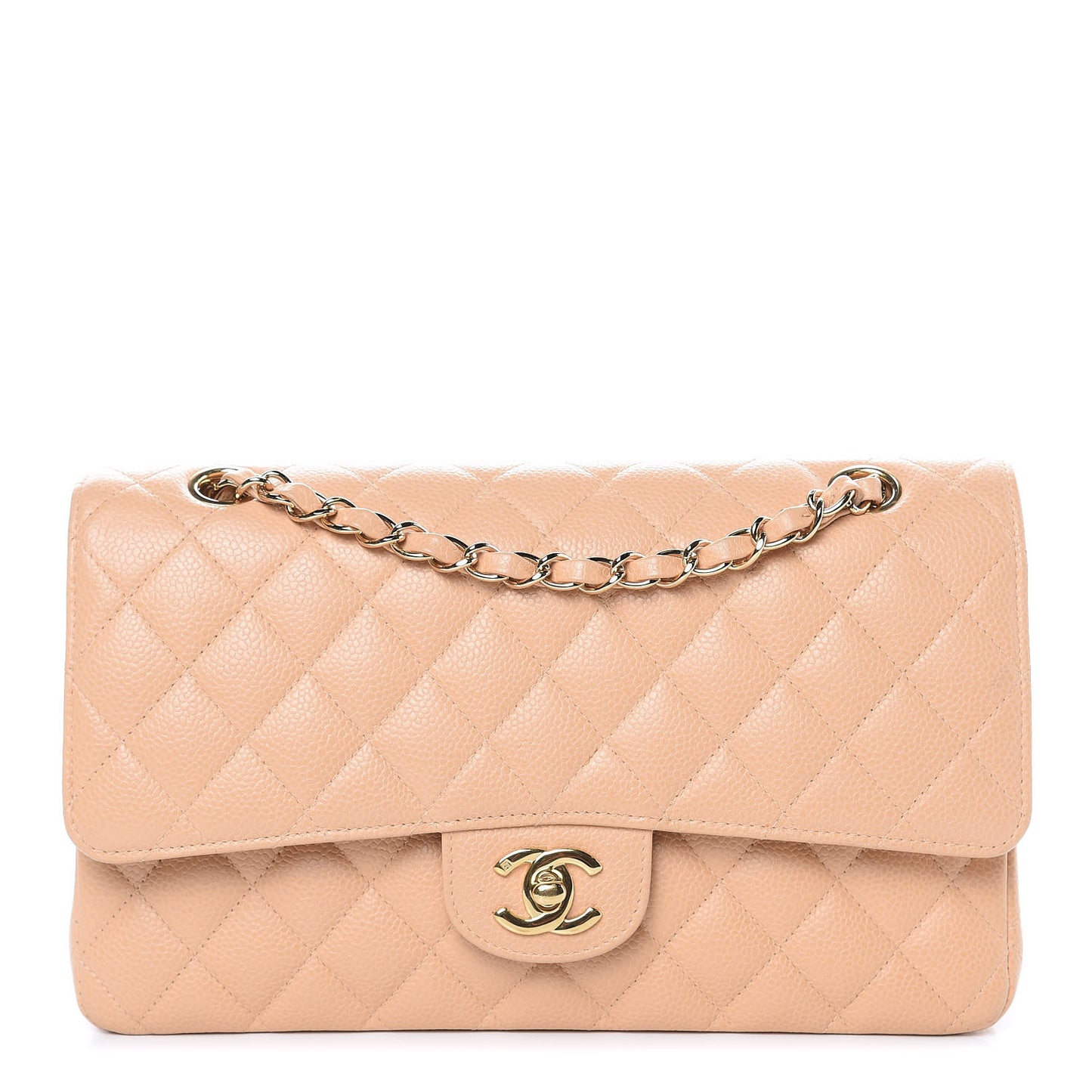 Caviar Quilted Medium Double Flap Beige