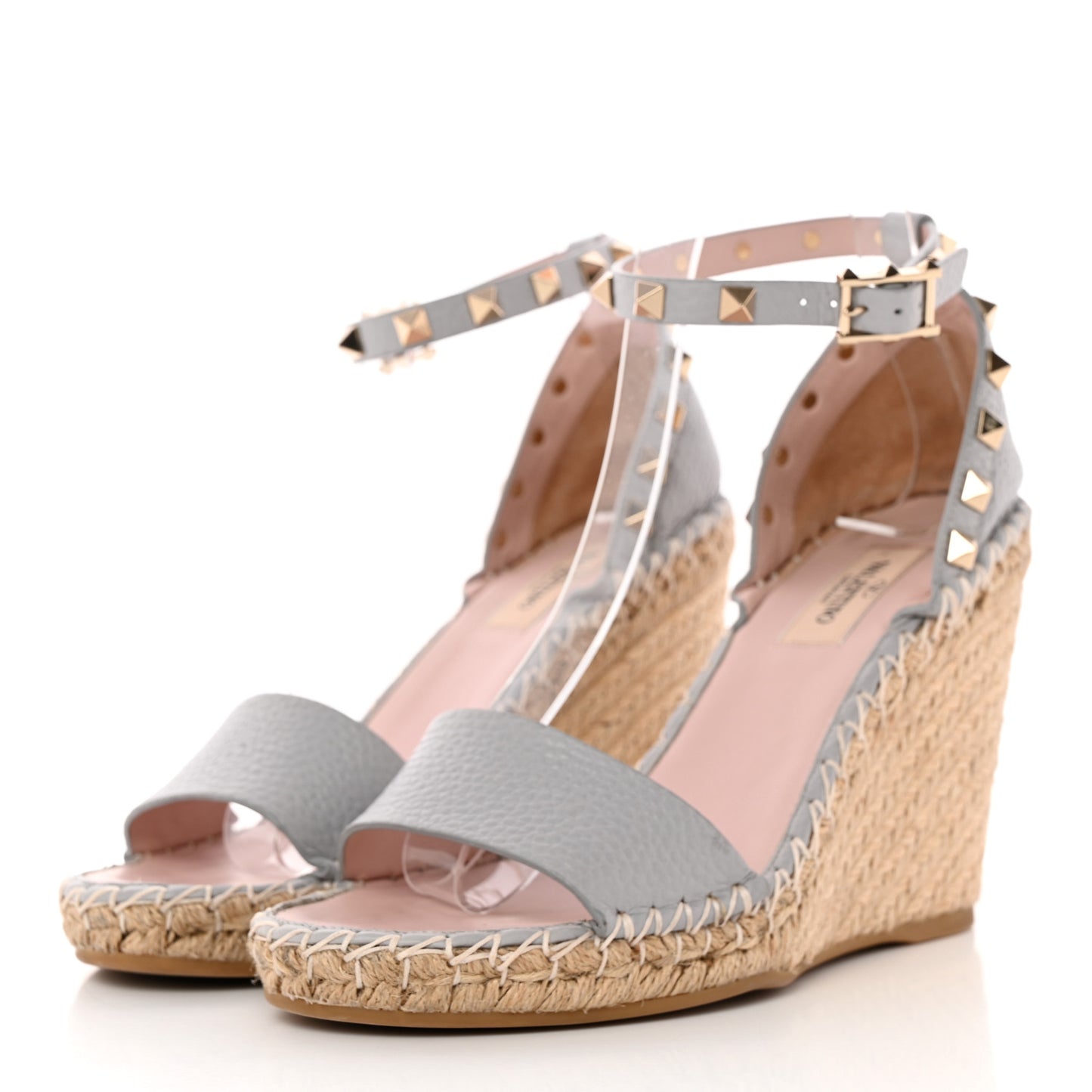 Grained Calfskin Rockstud Ankle Strap Espadrille 15/105mm Wedge Sandals 37 Pastel Grey Natural