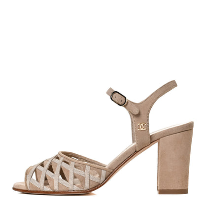 Chanel Suede Grosgrain Criss Cross Ankle Strap Sandals 37 Beige 1 of 11