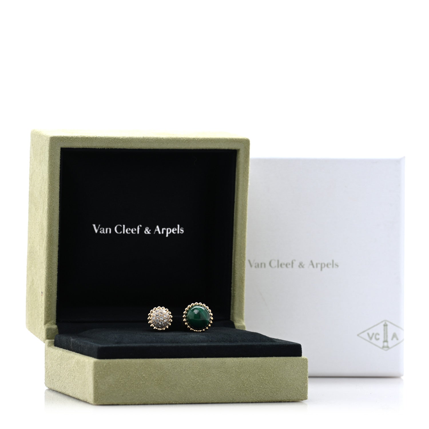Van Cleef & Arpels 18K Yellow Gold Diamond Malachite Perlee Couleurs Between The Finger Ring 52 6 5 of 5