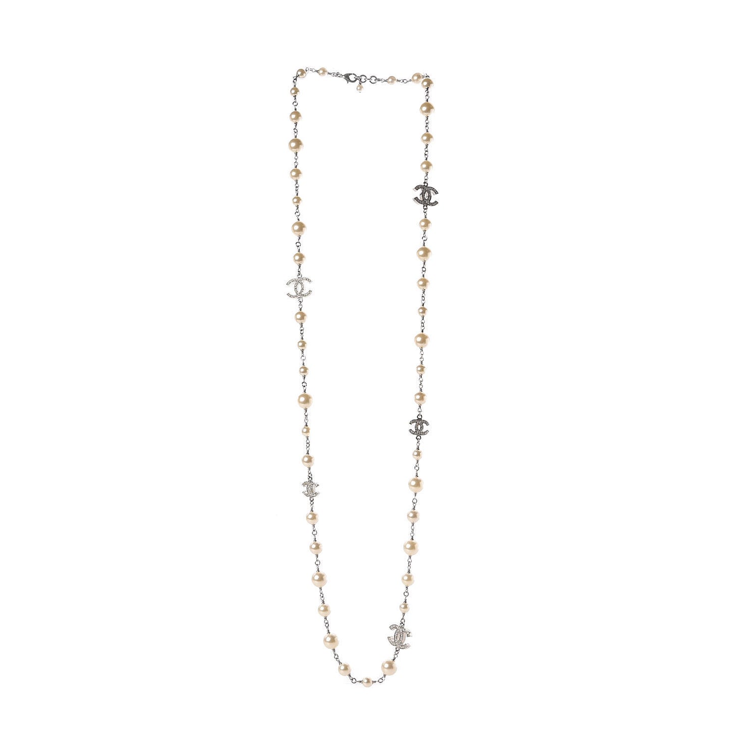 Crystal Pearl CC Long Necklace Silver