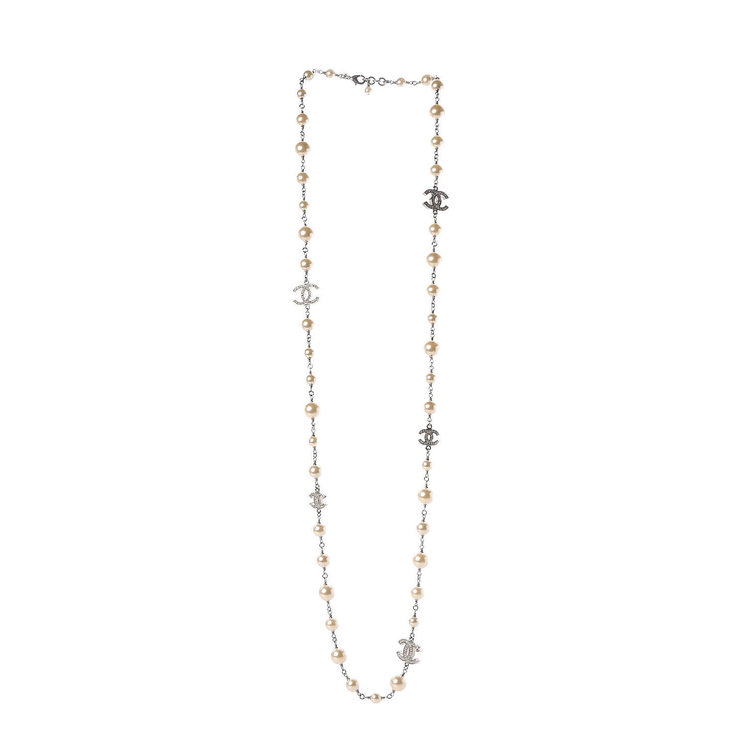 Chanel Crystal Pearl CC Long Necklace Silver 3 of 5