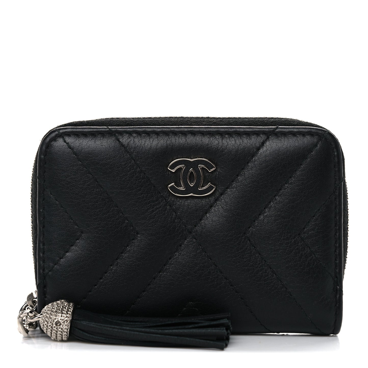 Calfskin Chevron Quilted Tassel Zip Around Coin Purse Black