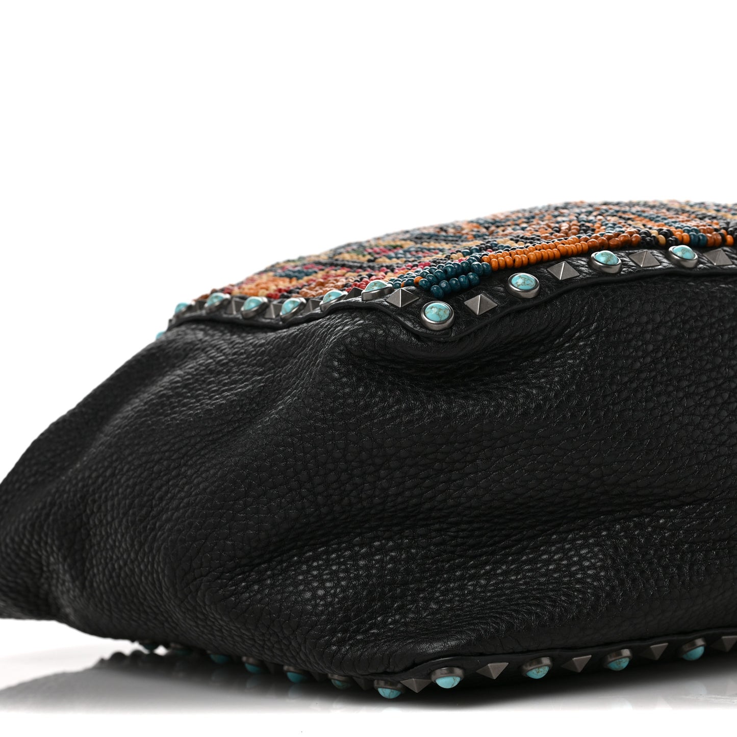 Pebbled Calfskin Beaded Guitar Strap Rockstud Rolling Tote Bag Black