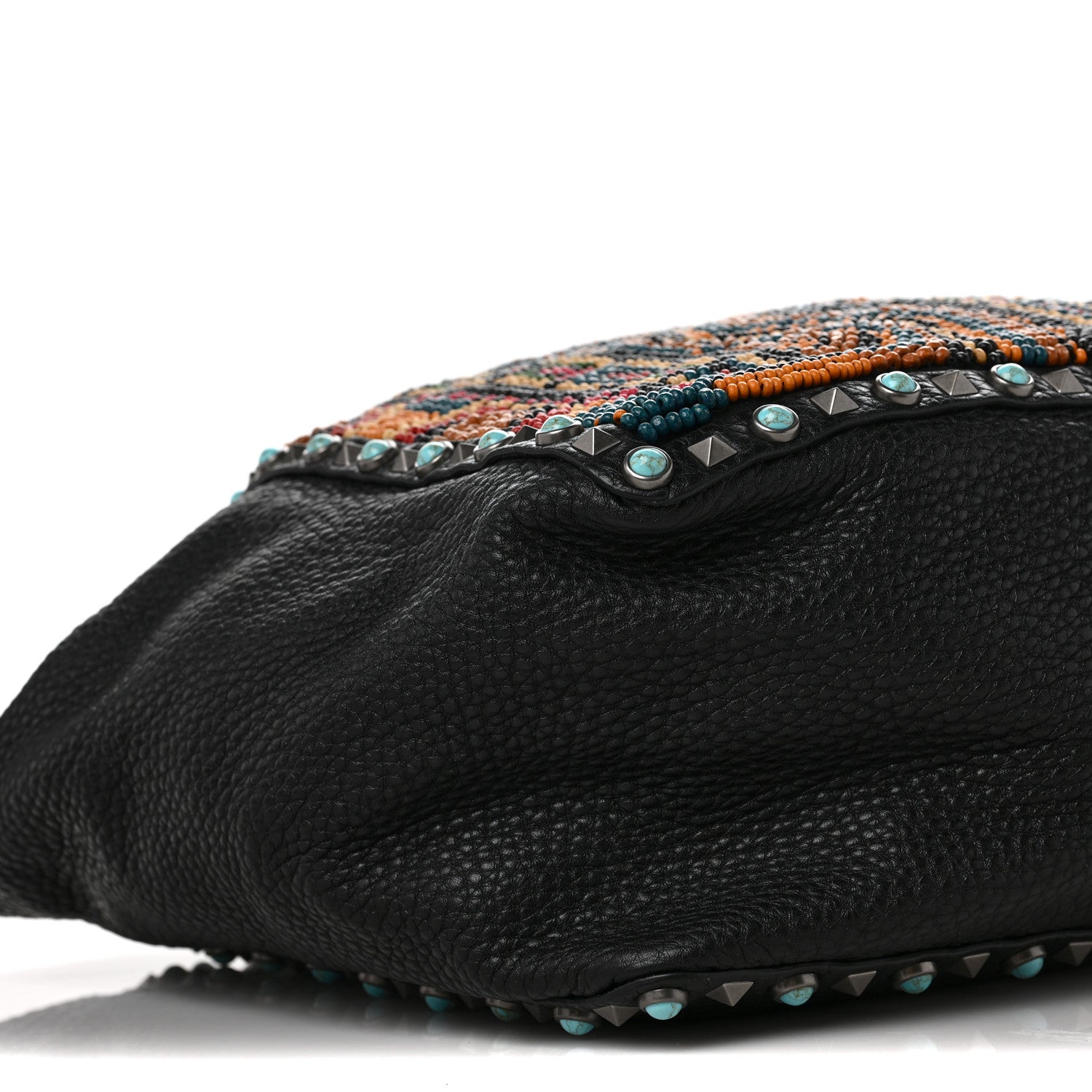Valentino Garavani Pebbled Calfskin Beaded Guitar Strap Rockstud Rolling Tote Bag Black 6 of 7