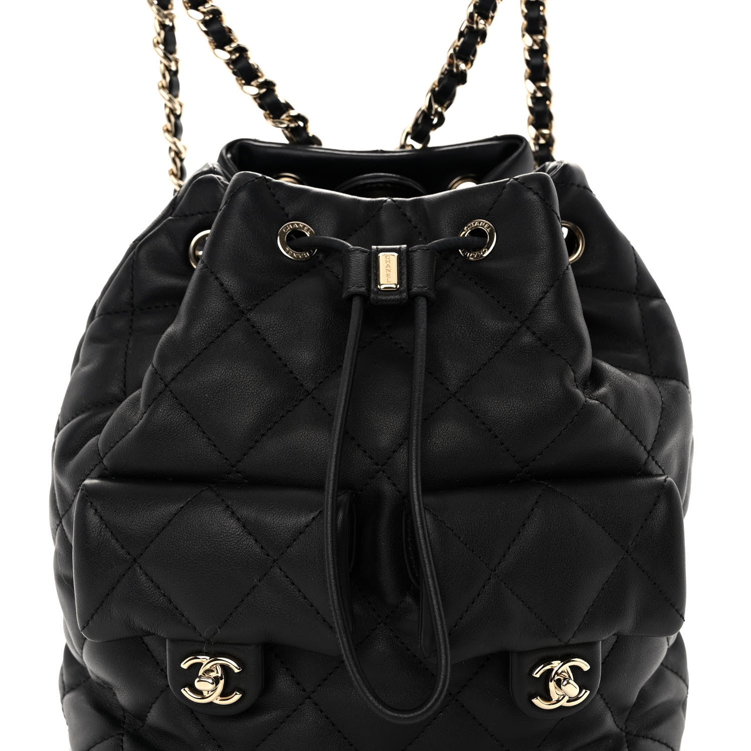 Chanel Lambskin Quilted Double Pocket Drawstring Backpack Black 8 of 10