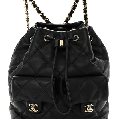 Chanel Lambskin Quilted Double Pocket Drawstring Backpack Black 8 of 10