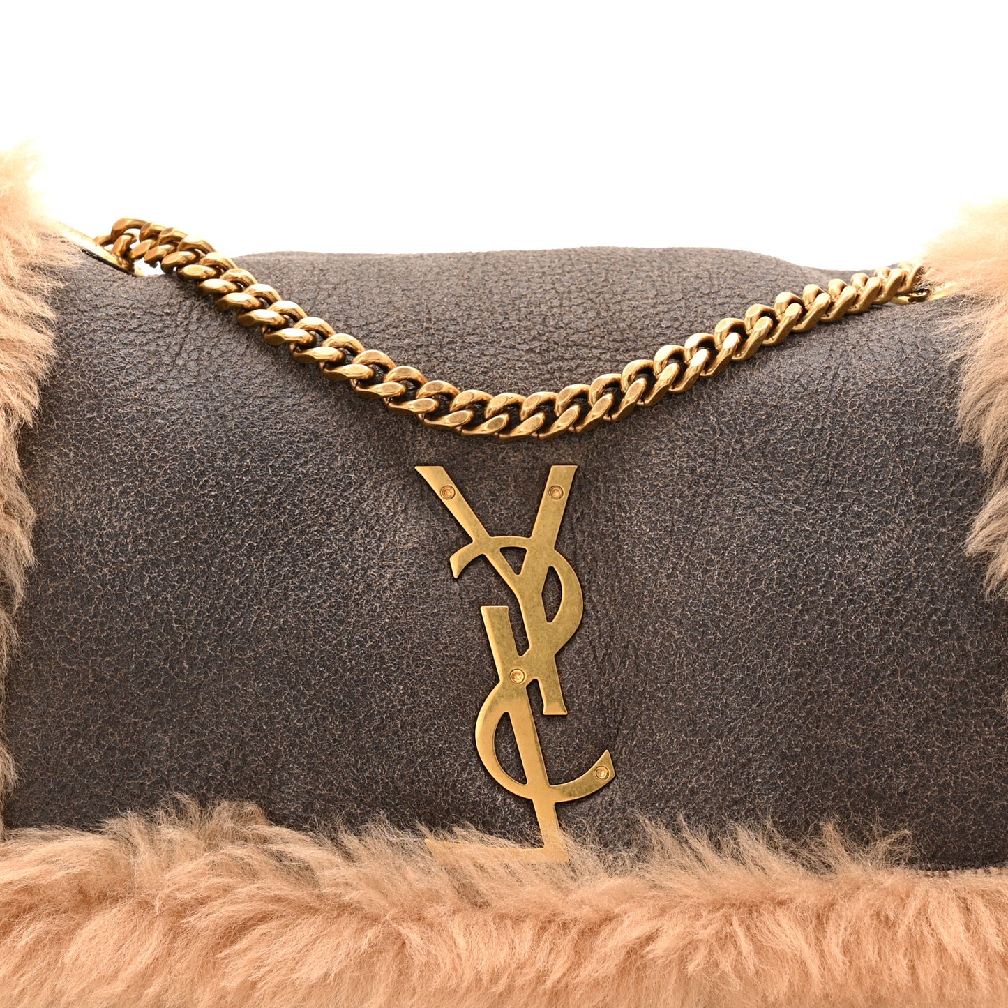 Shearling Calfskin Small Reversible Monogram Kate Satchel Ecru Dark Brown