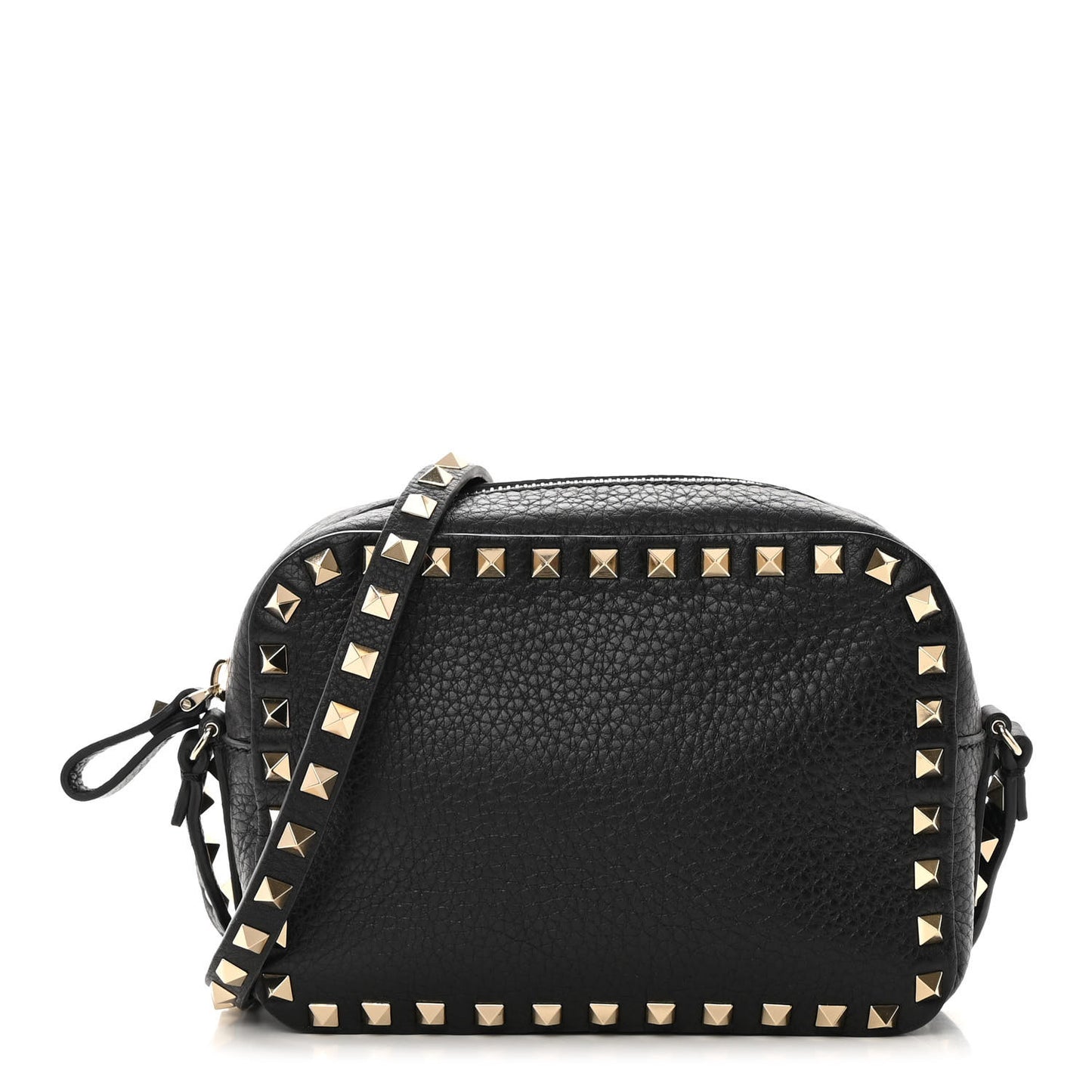 Pebbled Calfskin Rockstud Camera Crossbody Bag Black