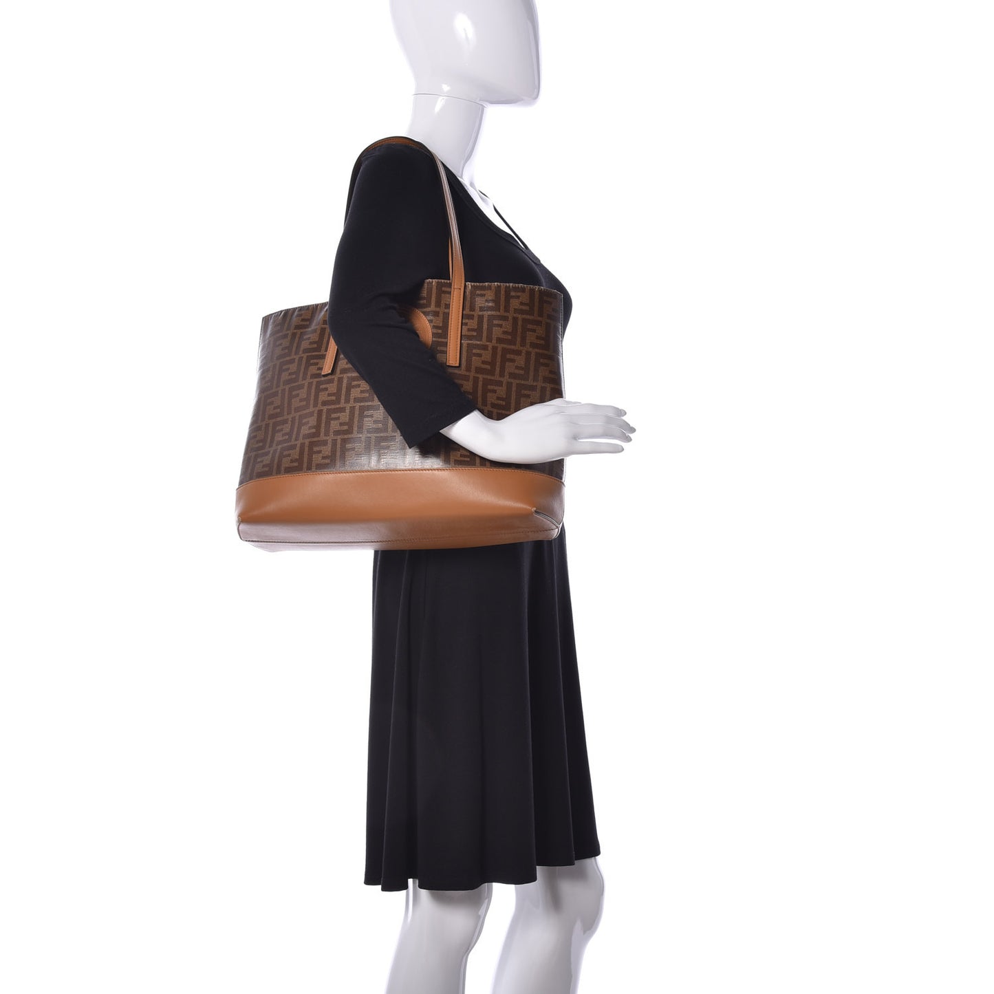 Glazed Fabric Vitello Century FF 1974 Stamp Patch Shopping Tote Mogano Panna Caramello