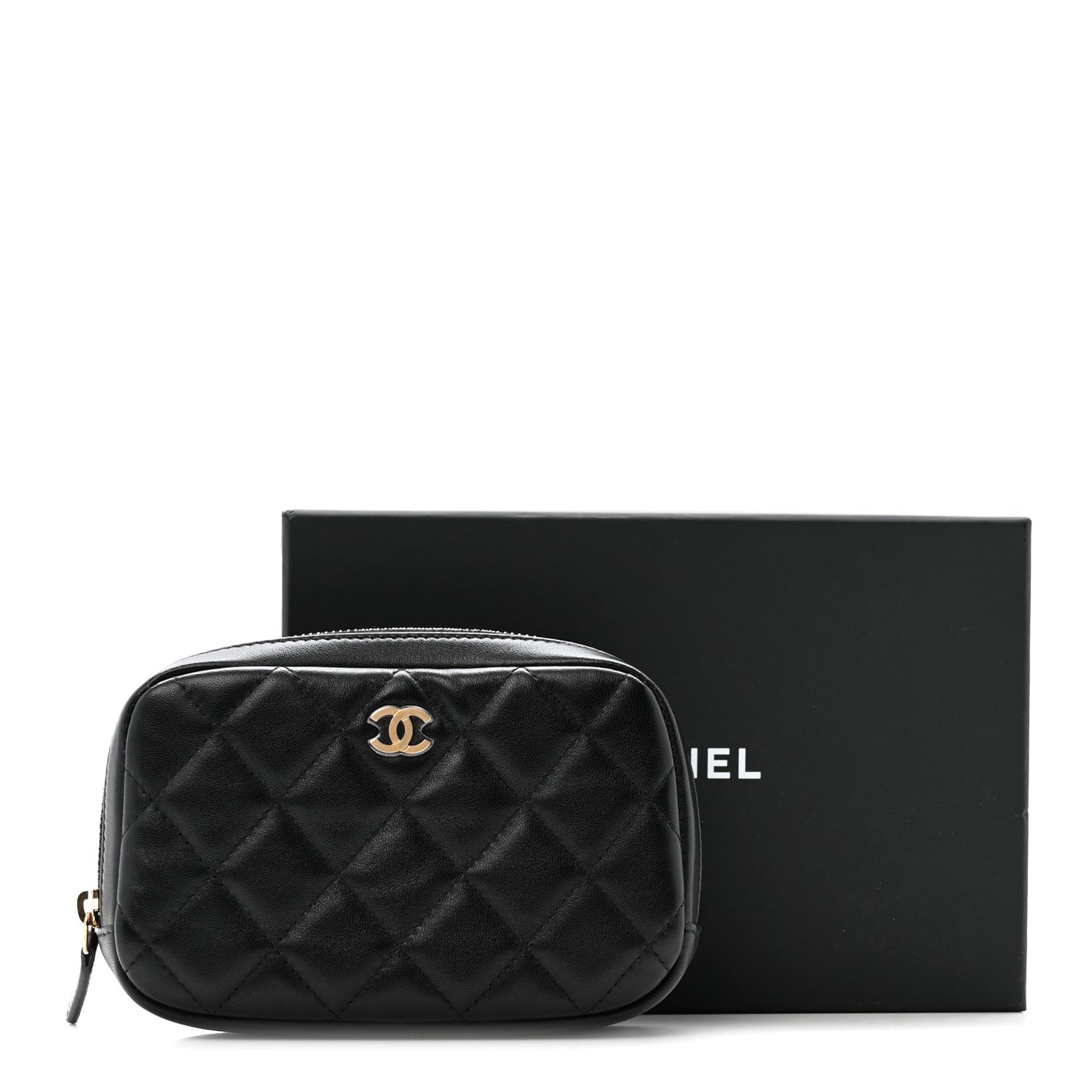 Lambskin Quilted Small Curvy Pouch Cosmetic Case Black