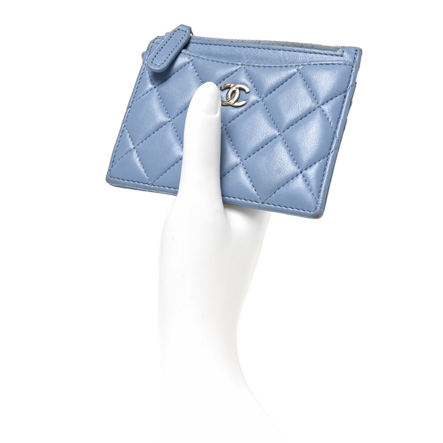 Lambskin Quilted CC Zip Card Holder Light Blue