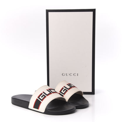 Gucci Rubber Stripe Mens Pool Slide Sandals 9 Ecru Poppy Black 9 of 10