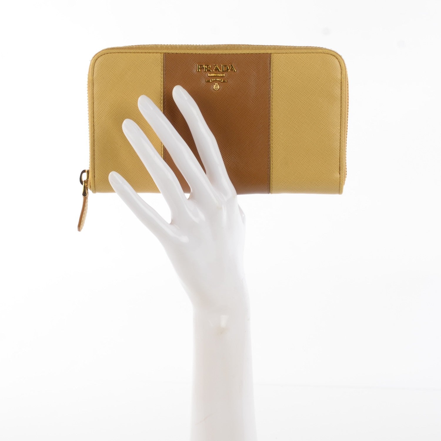 Prada Saffiano Metal Bi-Color Zip Around Wallet Caramel Ananas 2 of 14