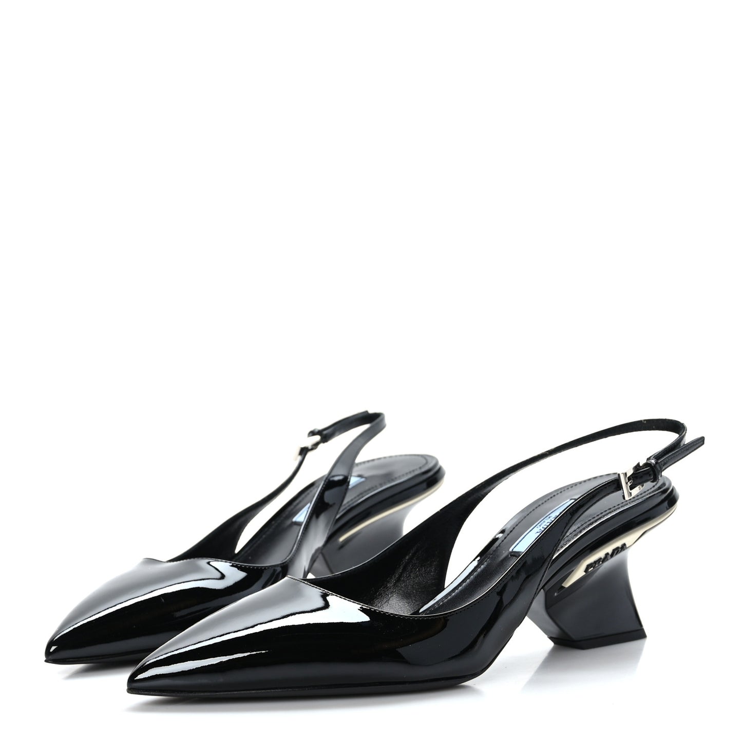 Patent Calfskin Logo Pointed Toe Slingback Wedges 39.5 Black