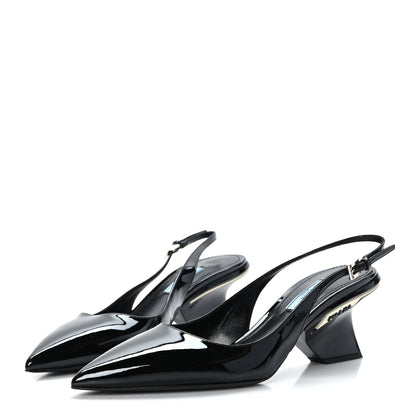 Prada Patent Calfskin Logo Pointed Toe Slingback Wedges 39.5 Black 3 of 7