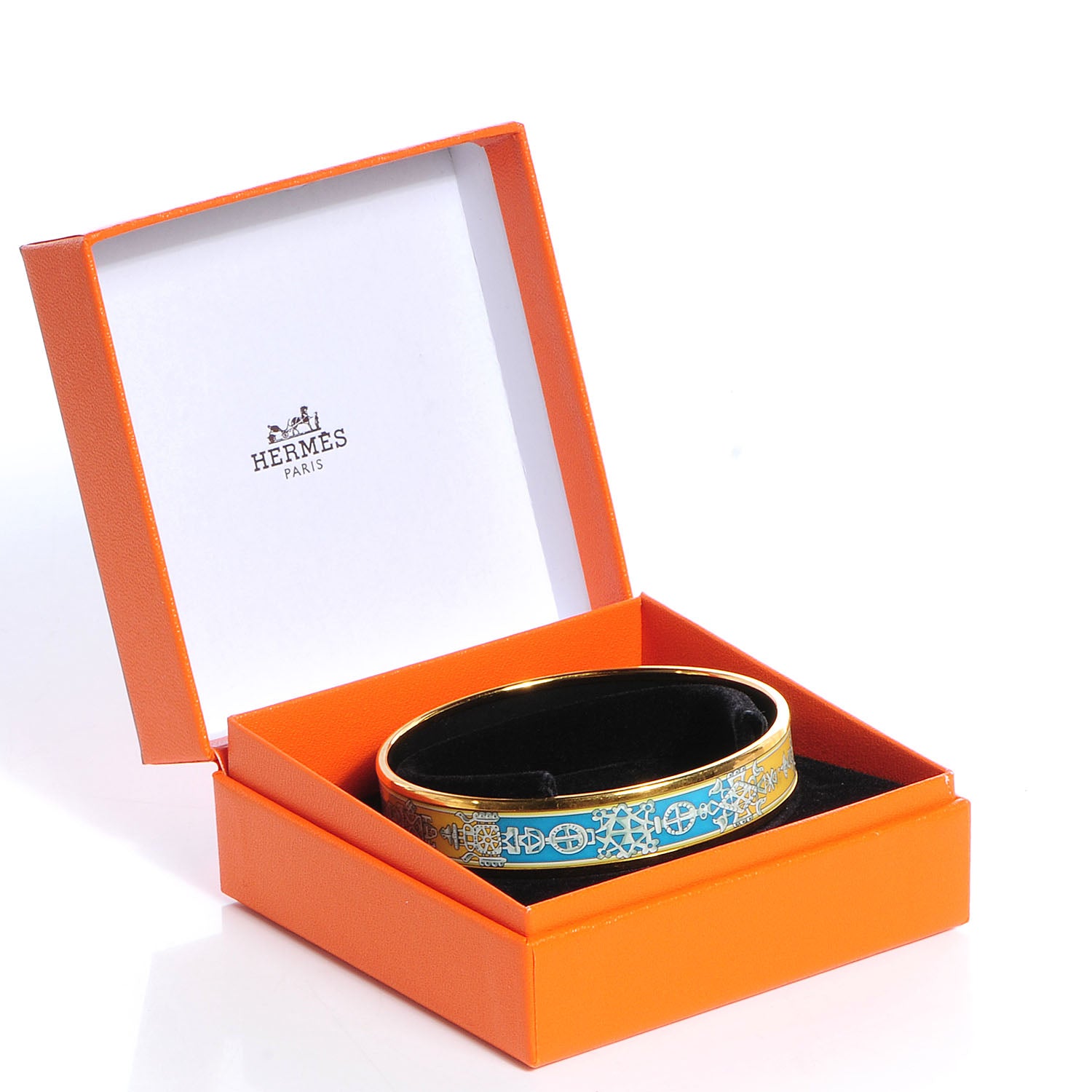 Hermes Enamel Printed Ornate Doves Medium Bracelet Bleu Yellow 70 6 of 6
