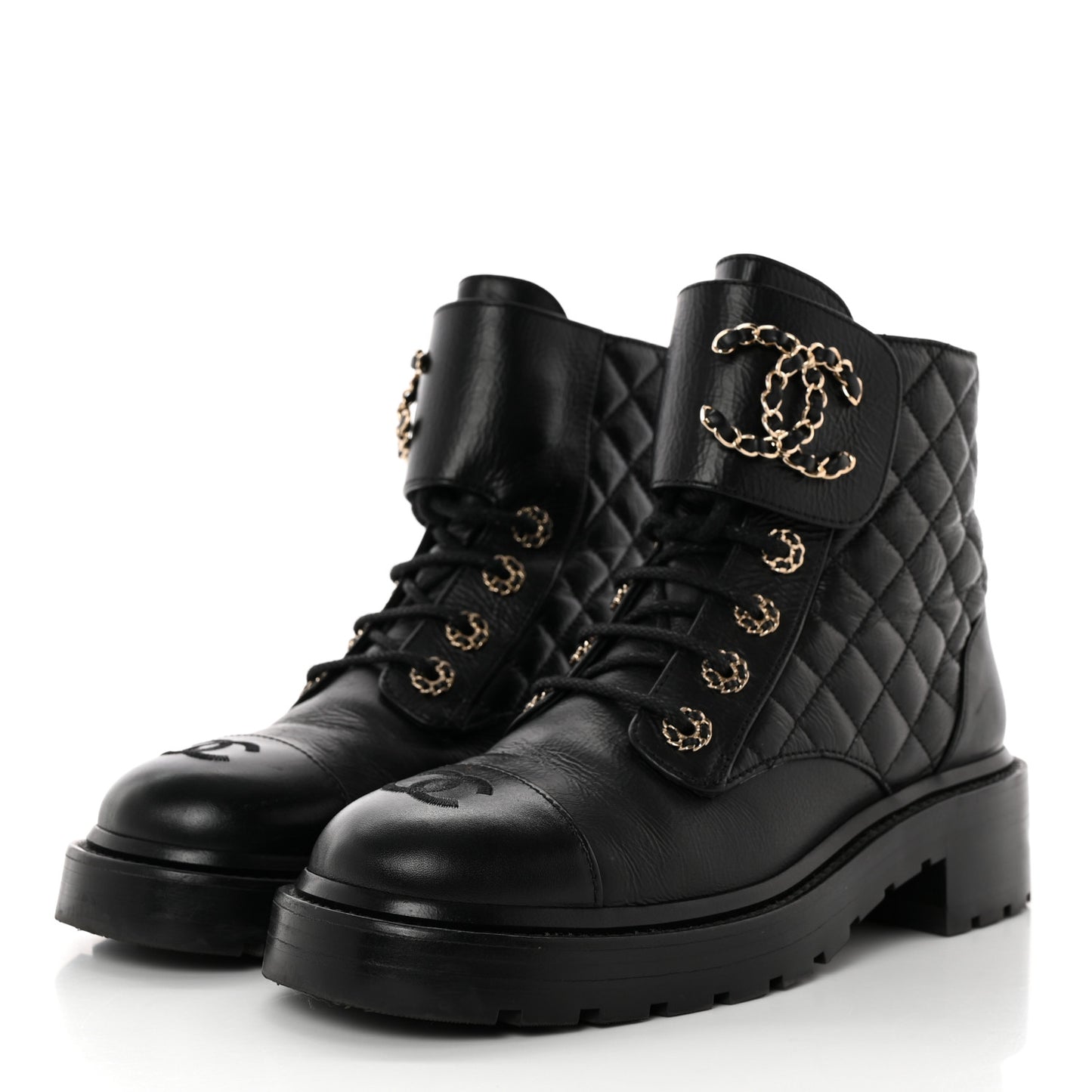 Shiny Calfskin Quilted Lace Up Combat Boots 38 Black