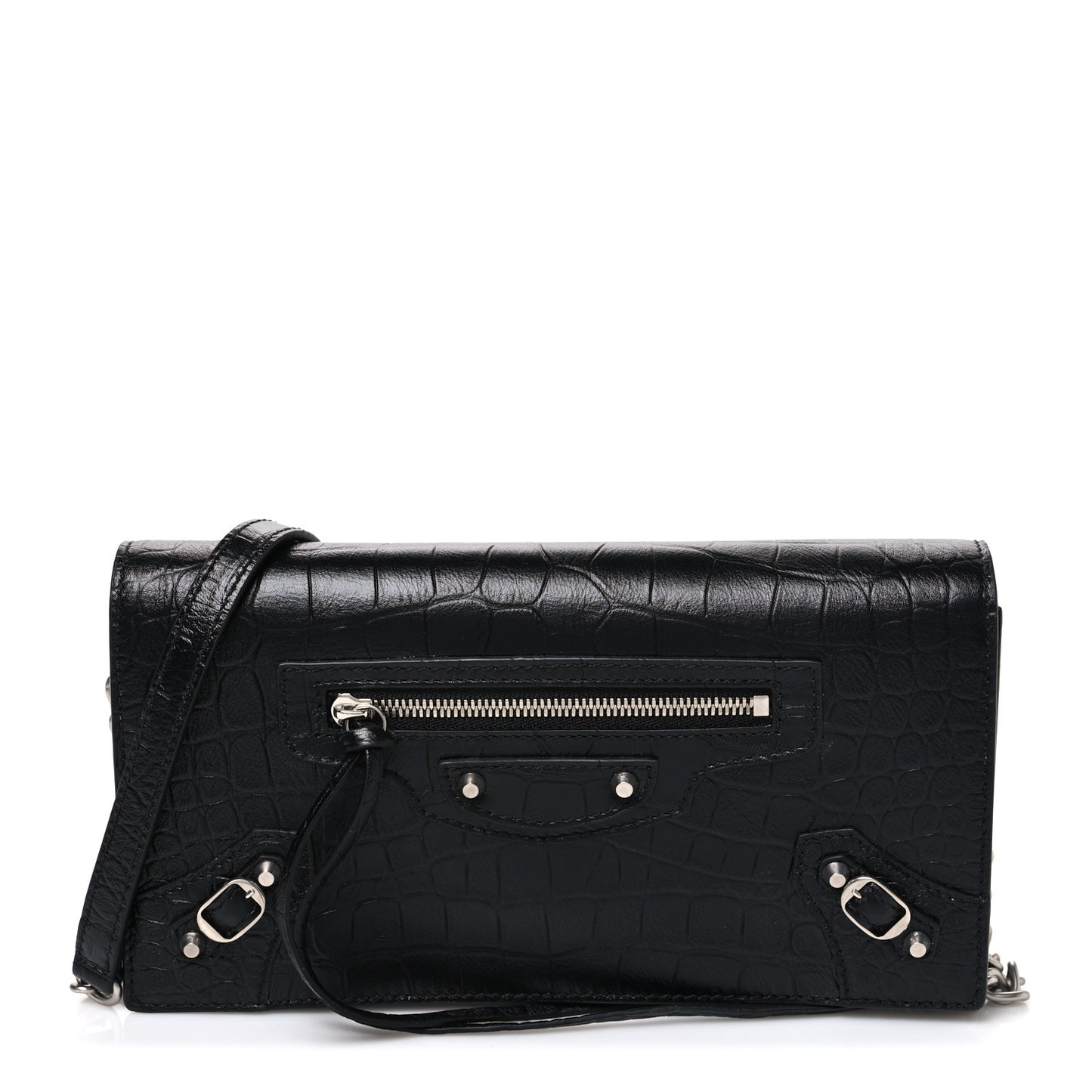 Crocodile Embossed Calfskin Classic Silver Hardware Le City Wallet On Chain Silver