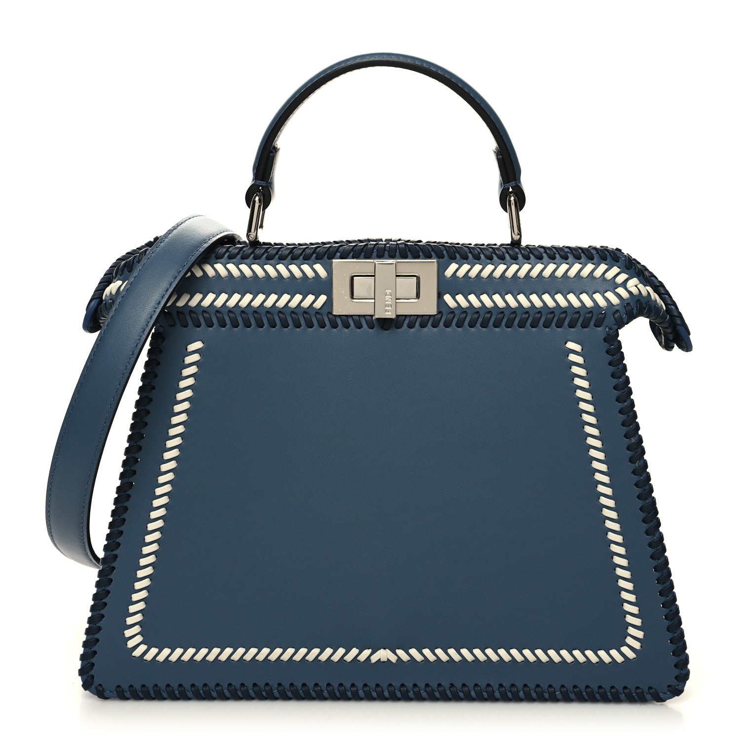 Fendi Vitello Grace Shiny Nappa Helix Woven Small Peekaboo I SEE U Satchel Mirto Dark Blue White Ice 1 of 12