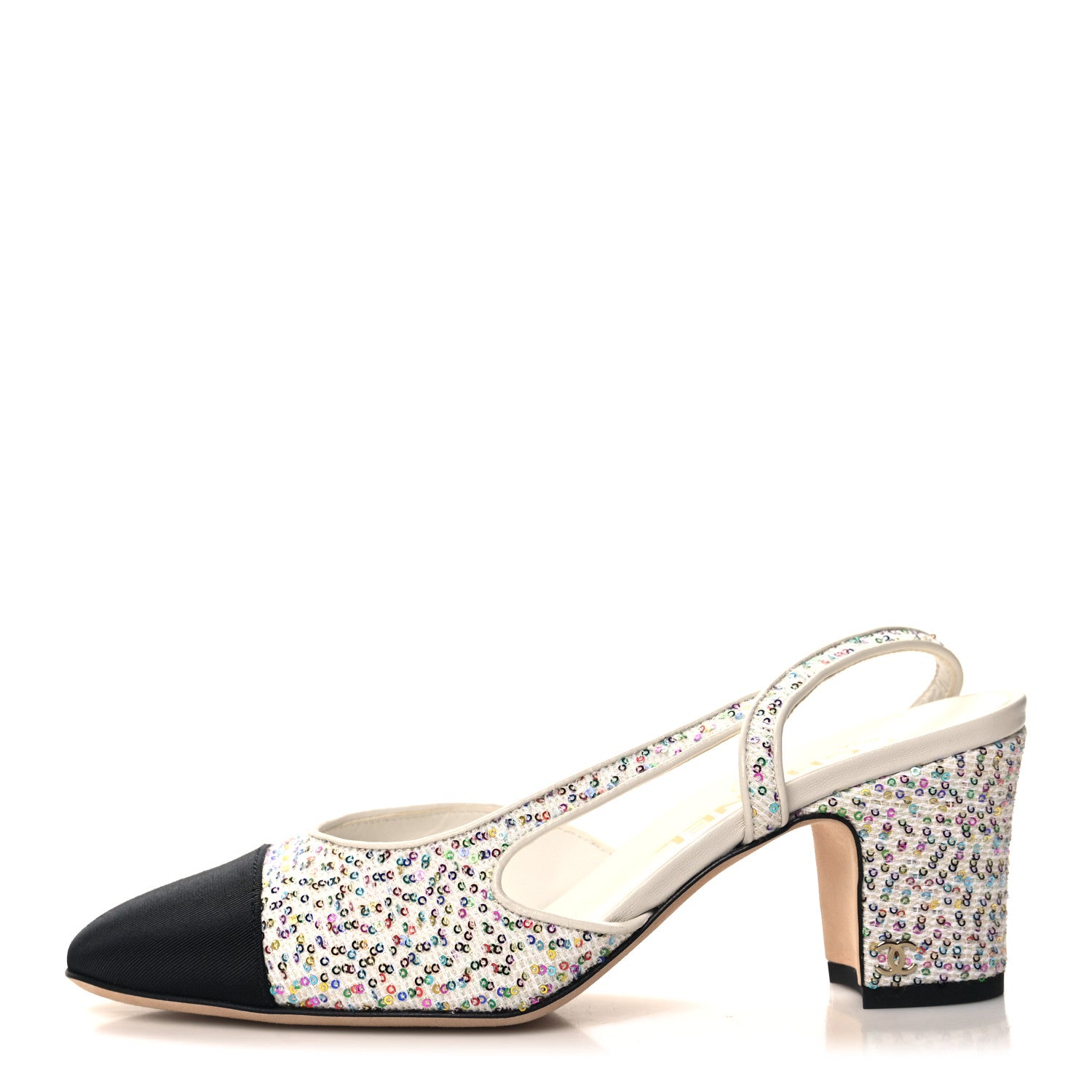 Chanel Tweed Lambskin Sequin Cap Toe CC Slingback Pumps 36.5 White Black Multicolor 1 of 9
