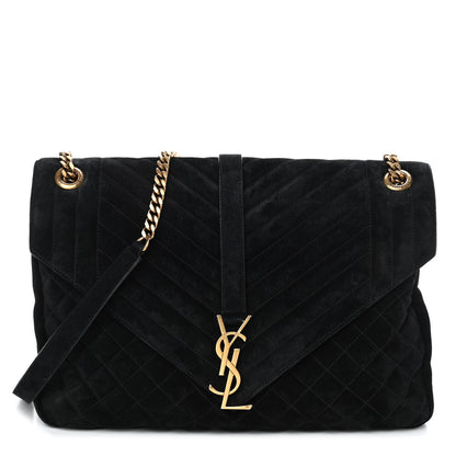 Saint Laurent Suede Mixed Matelasse Tri-Quilt Large Monogram Envelope Satchel Black 1 of 9