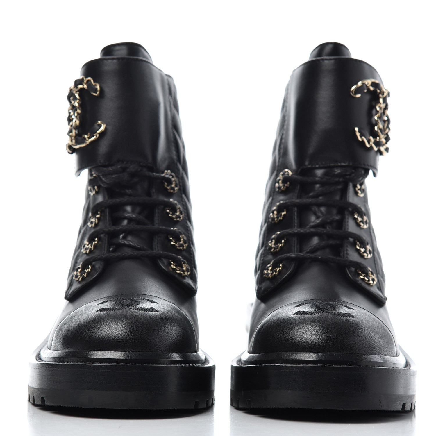 Chanel Shiny Lambskin Quilted Lace Up Combat Boots 35 Black 2 of 9