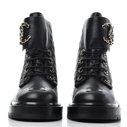 Chanel Shiny Lambskin Quilted Lace Up Combat Boots 35 Black 2 of 9