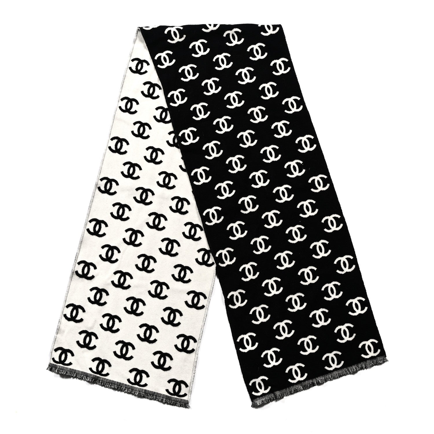 Chanel Wool Cashmere CC Scarf Black White 2 of 3
