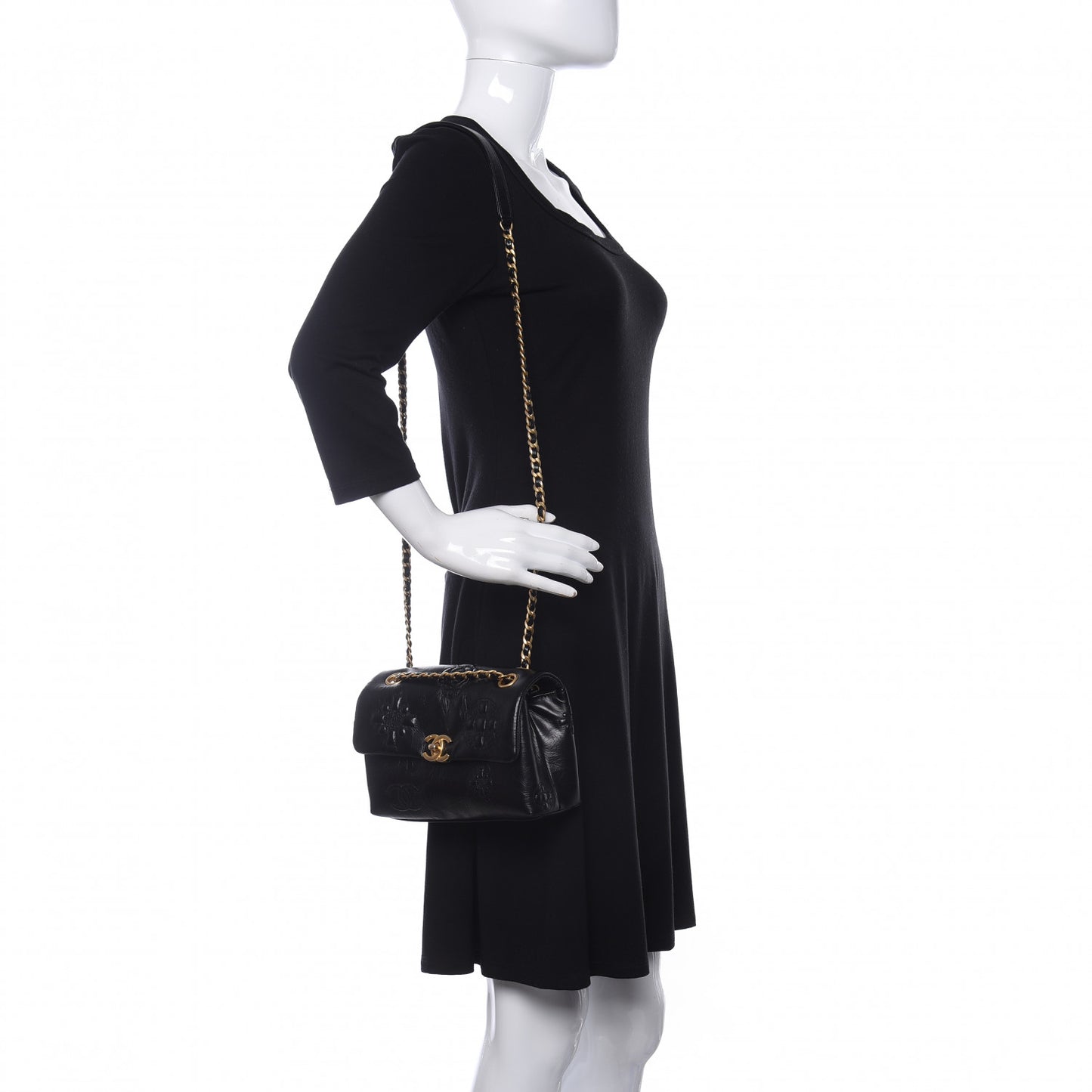Aged Calfskin Embossed Camellia Flap Black
