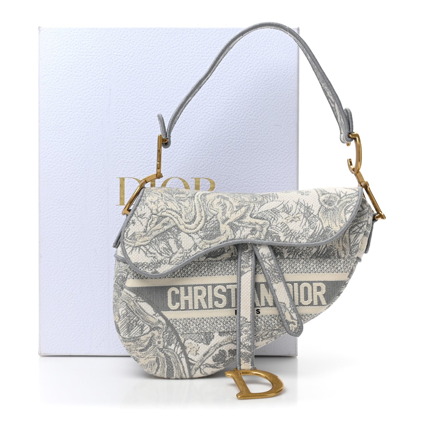 Canvas Embroidered Toile de Jouy Saddle Bag Gray