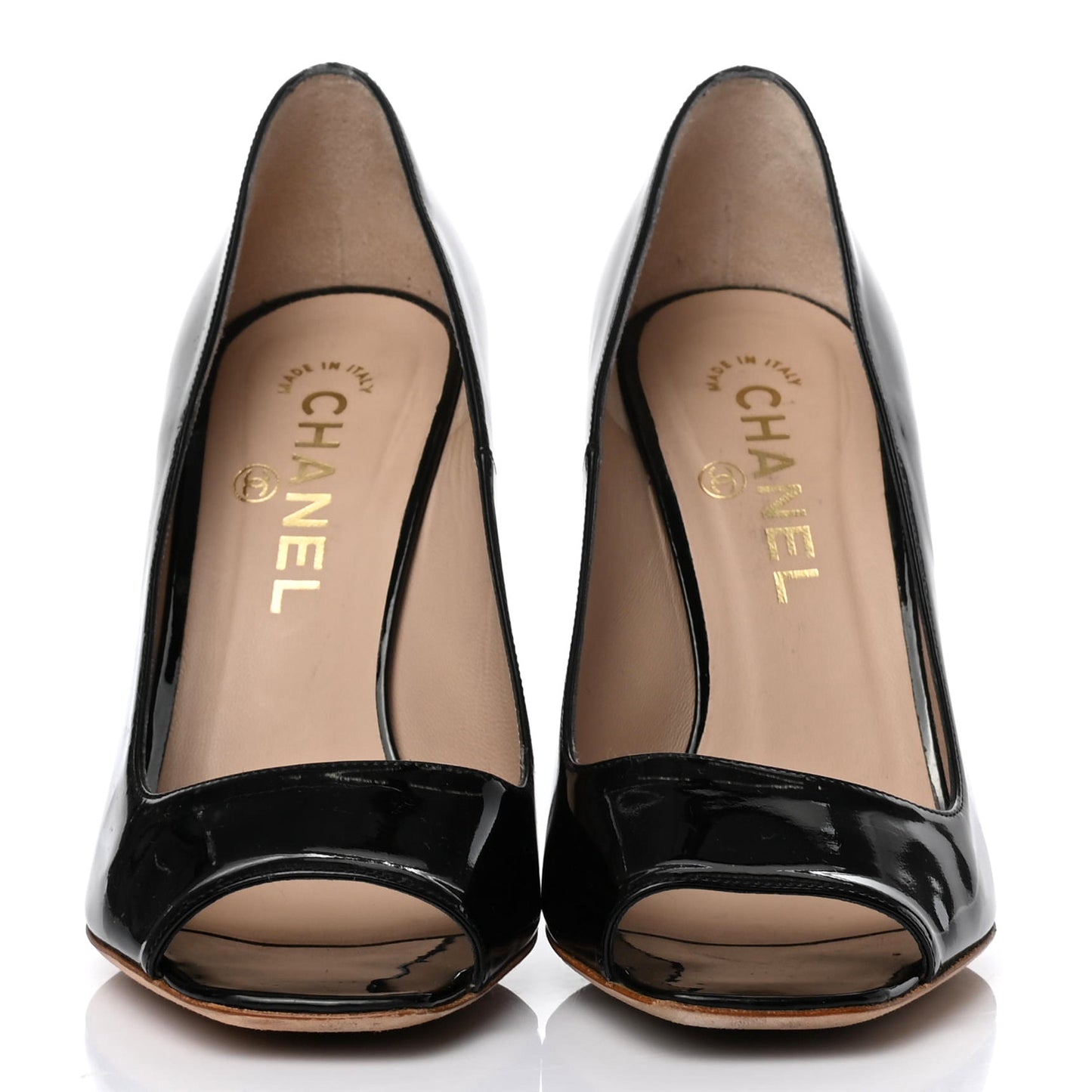 Patent Calfskin CC Open Toe Pumps 37.5 Black
