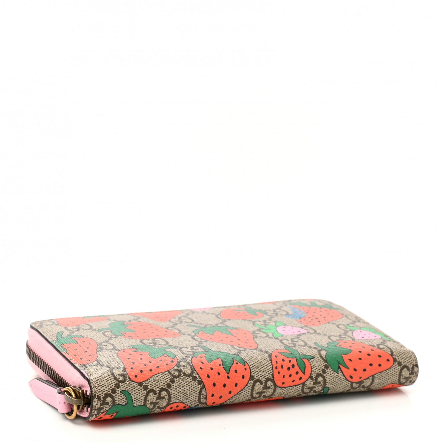 GG Supreme Monogram Strawberry Zip Around Wallet Light Pink