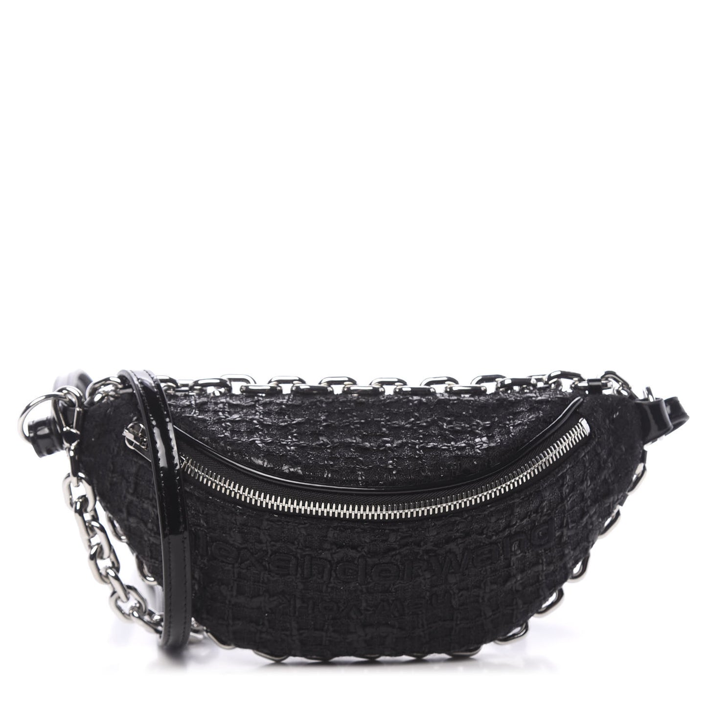 Patent Tweed Chain Embellished Attica Belt Bag Black