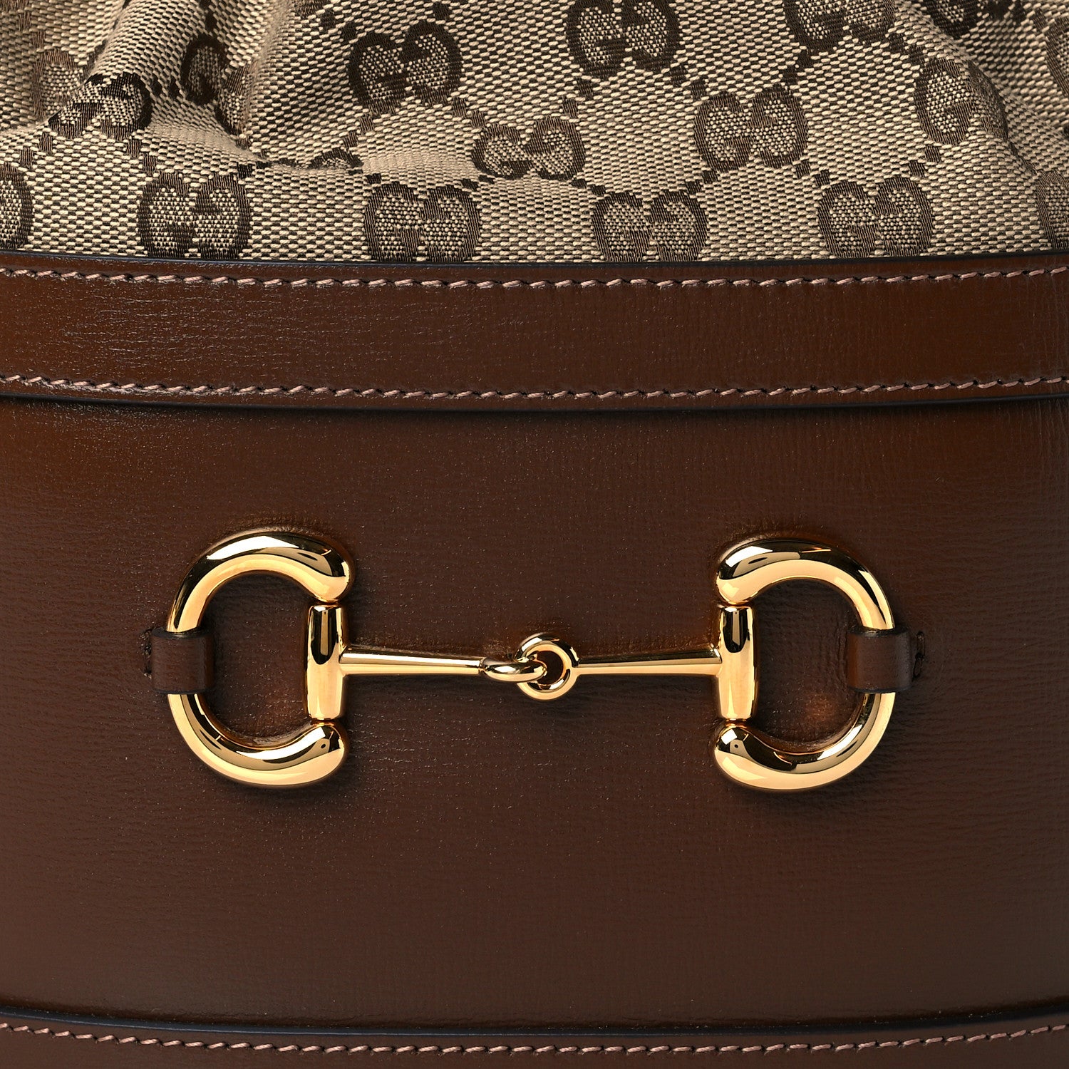 Gucci Monogram Textured Calfskin Horsebit 1955 Drawstring Bucket Bag Beige Brown Sugar 9 of 11