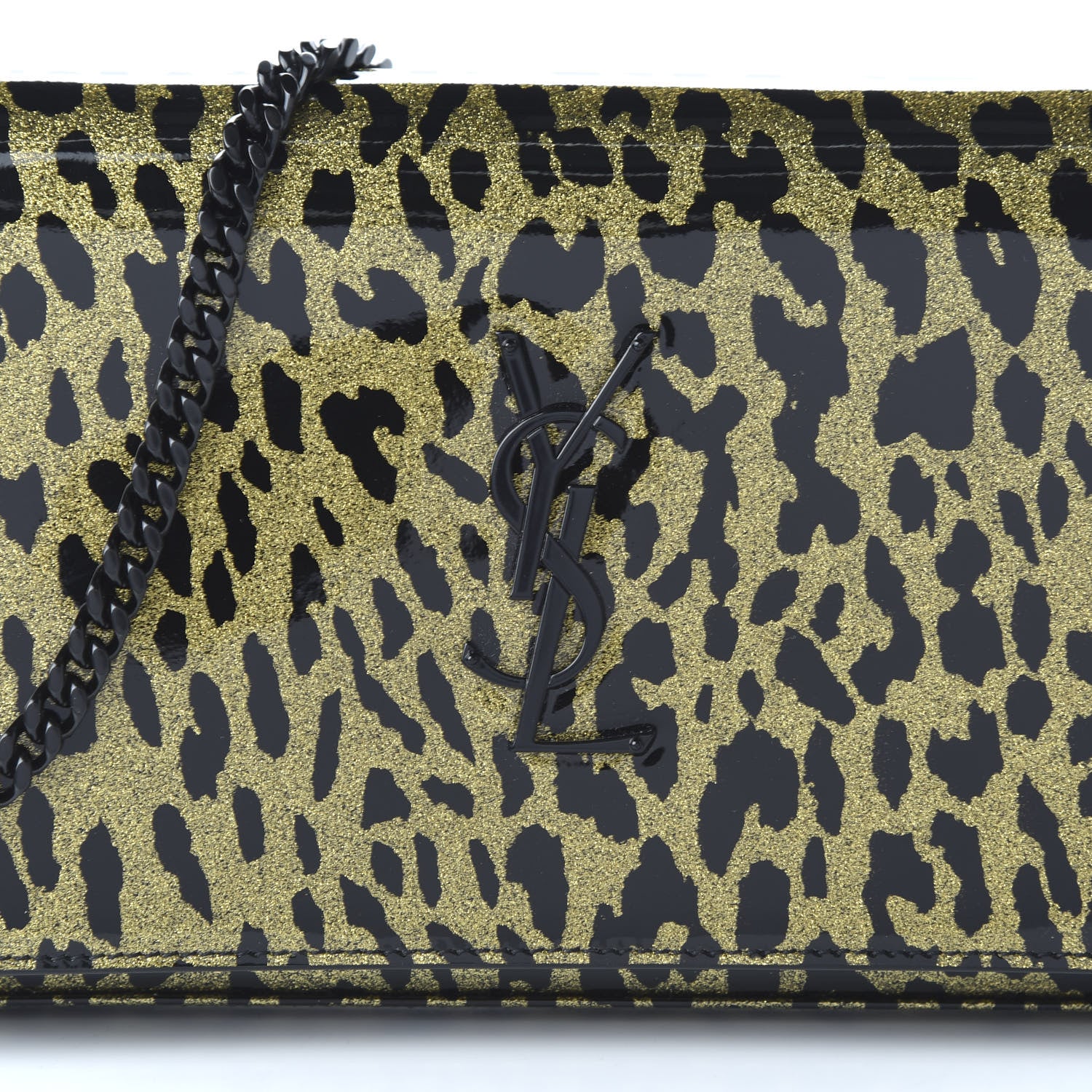 Saint Laurent Patent Leopard Print Monogram Chain Wallet Black Gold 9 of 9