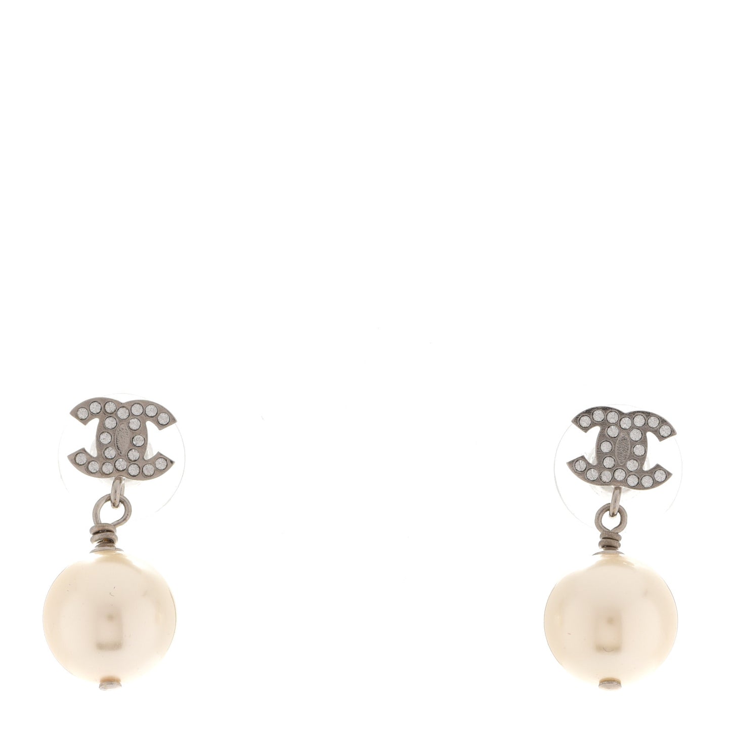 Crystal Pearl CC Drop Earrings Silver