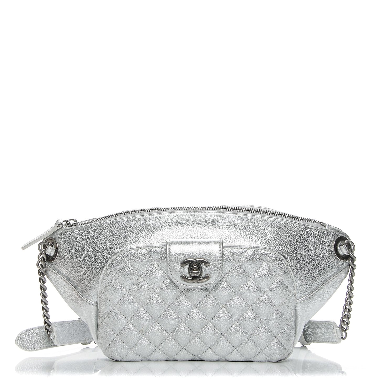 Metallic Grained Calfskin Quilted Casual Rock Waist Bag Silver