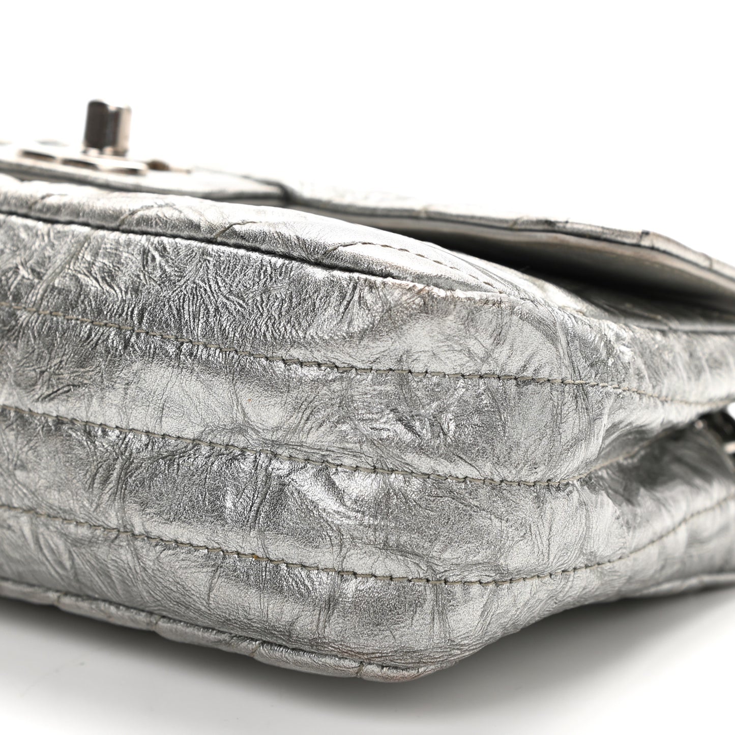 Patent Metallic Crumpled Calfskin Chevron Quilted Mini Rectangular Flap Silver