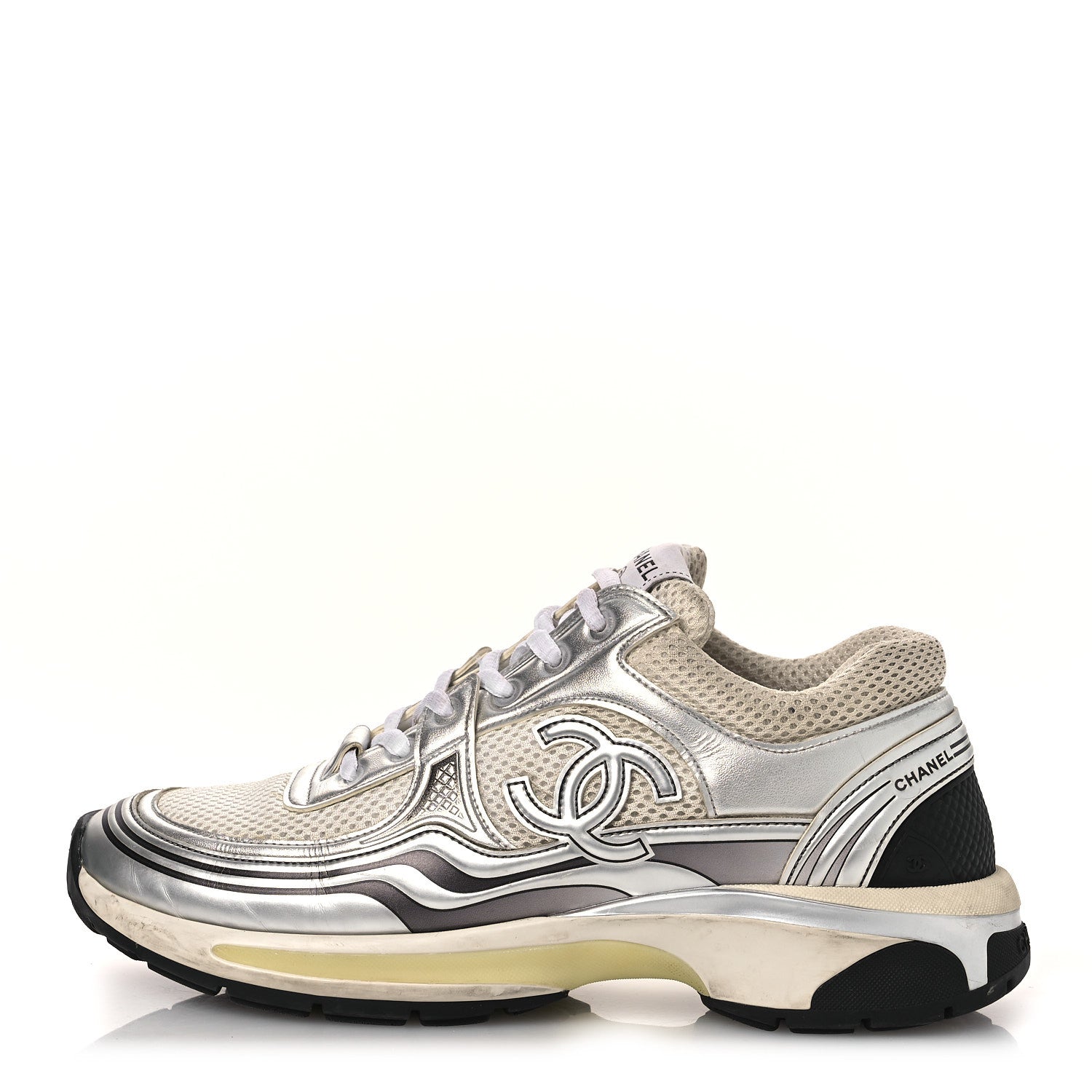 Chanel Fabric Laminated Calfskin Stretch CC Sneakers 39.5 White Silver 1 of 14