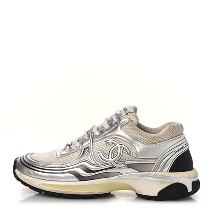 Chanel Fabric Laminated Calfskin Stretch CC Sneakers 39.5 White Silver 1 of 14