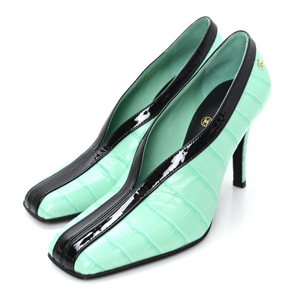 Chanel Crocodile Embossed Patent Calfskin Pumps 37 Green Black 4 of 9