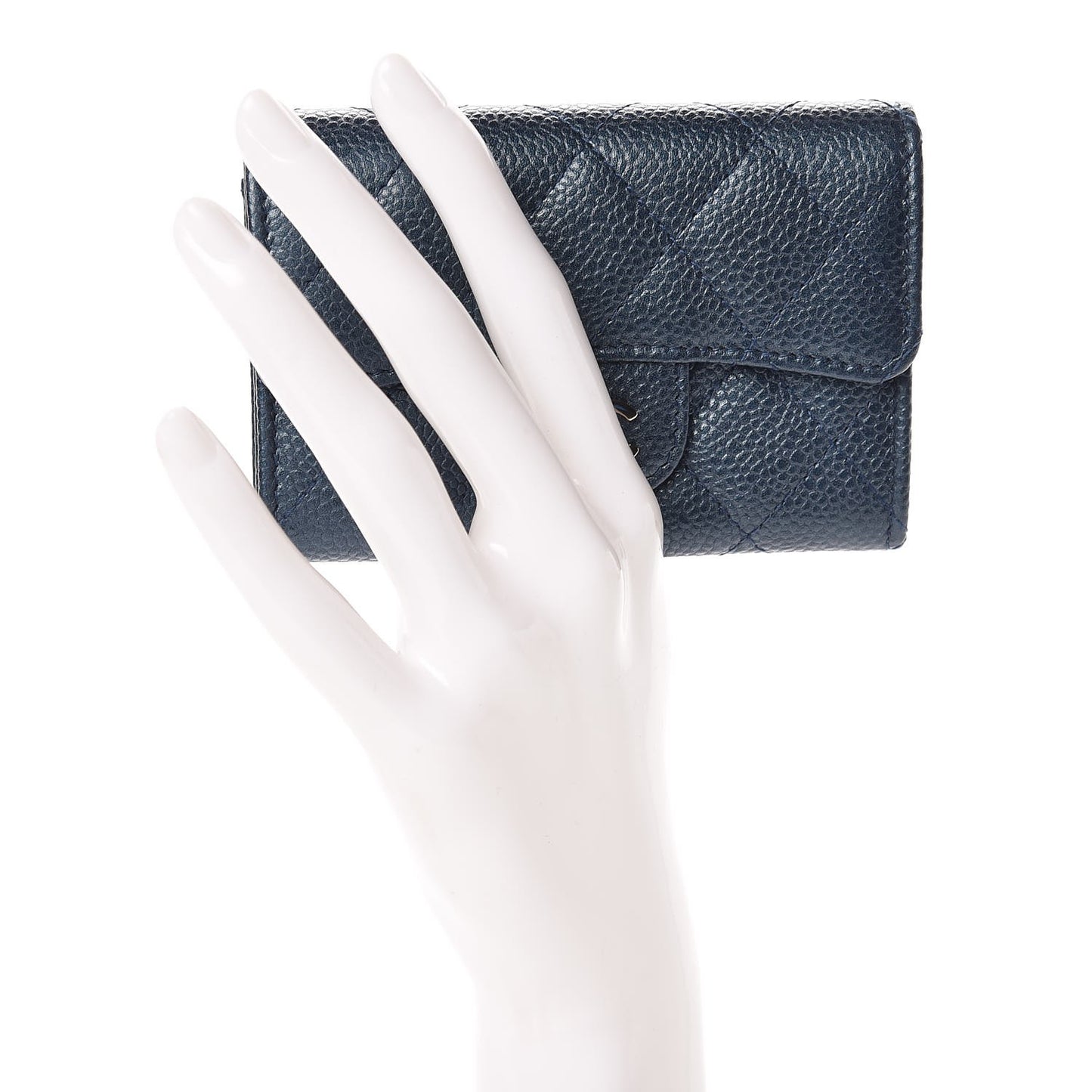Metallic Caviar Quilted Flap Card Holder Dark Blue