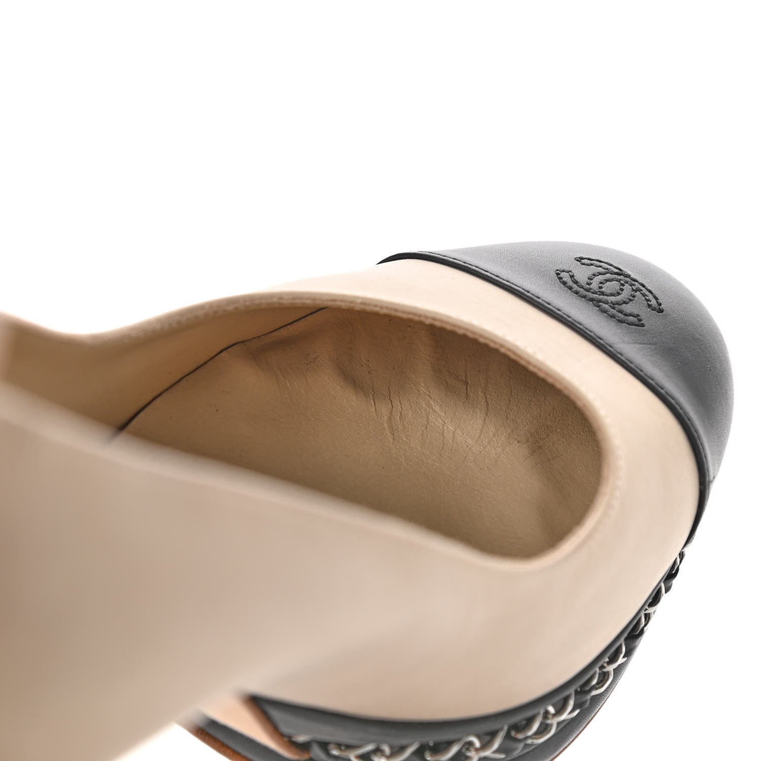 Chanel Calfskin CC Cap Toe Platform Chain Pumps 37.5 Beige Black 10 of 17