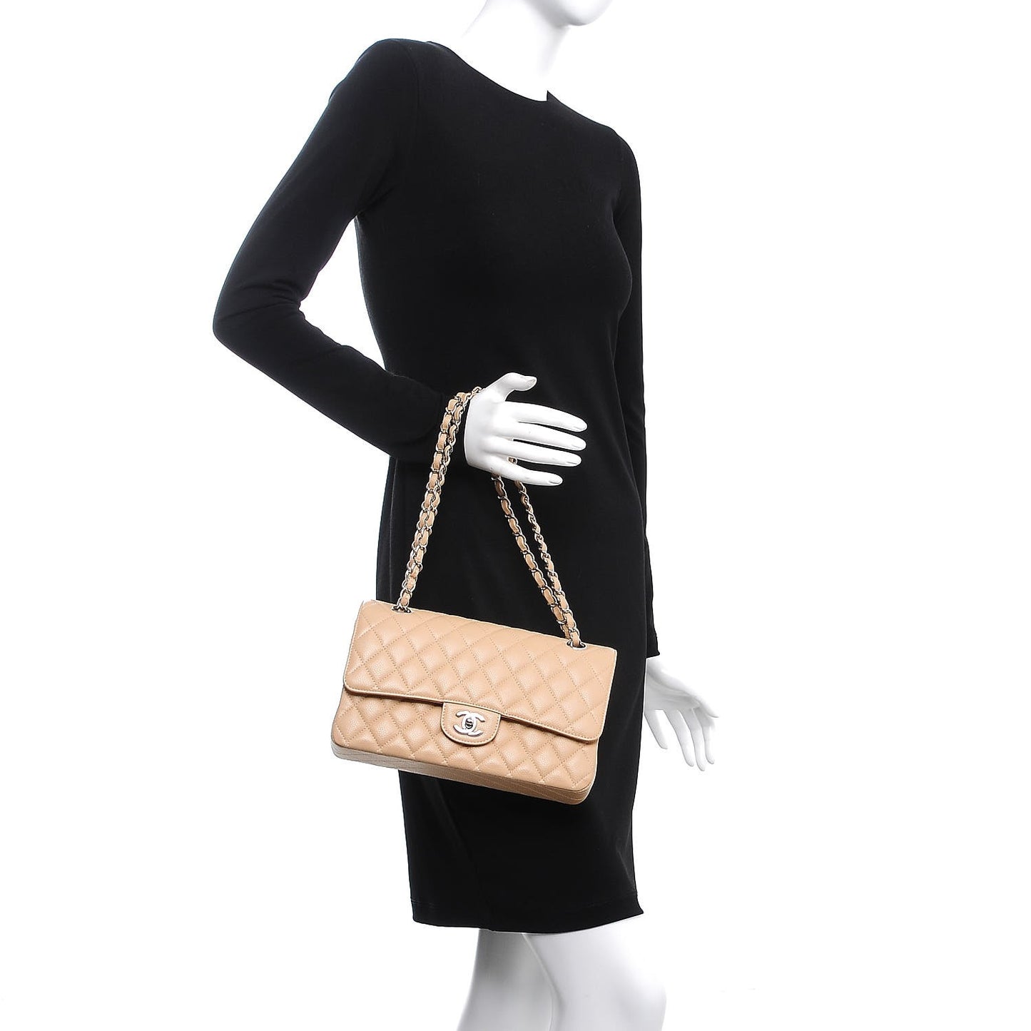 Caviar Quilted Medium Double Flap Beige Clair